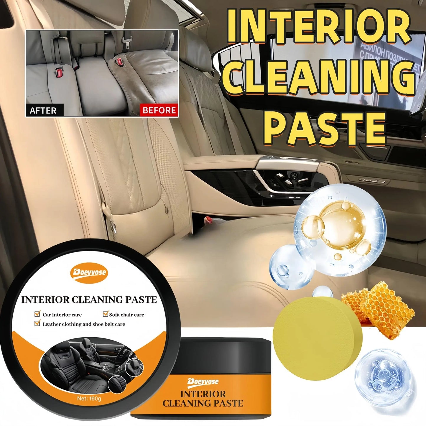 DOEYVOSE Car Interior Cleaning Cream, 2 Counts/Set Car Seat Cleaning Polishing Cream with Sponge, Professional Car Interior Care Product